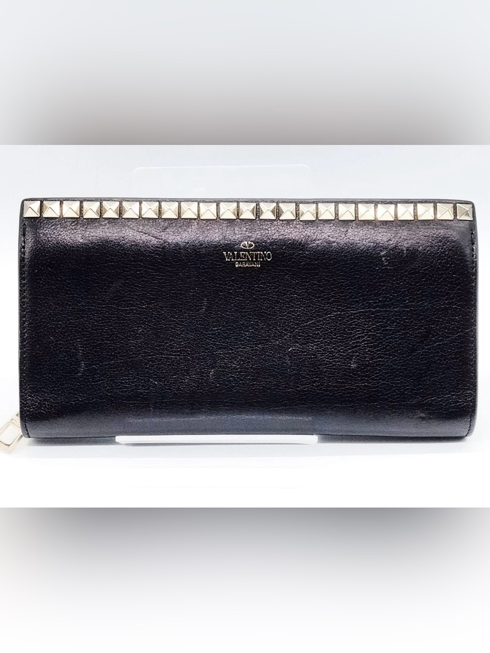 Valentino Garavani Black Leather Rockstud Wallet with Gold Hardware